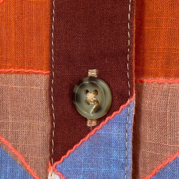 MAEVE ANTHROPOLOGIE Top L Patchwork Shirt Button Front Roll Tab Sleeve Pink Blue - Picture 6 of 16